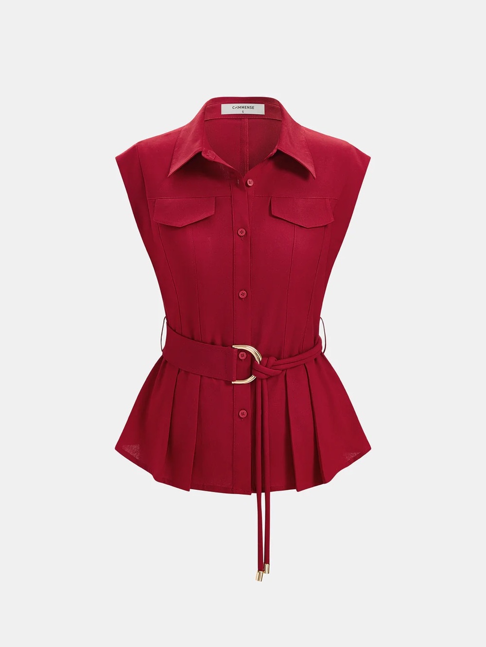 Sleeveless Button-Front Belted Shirt